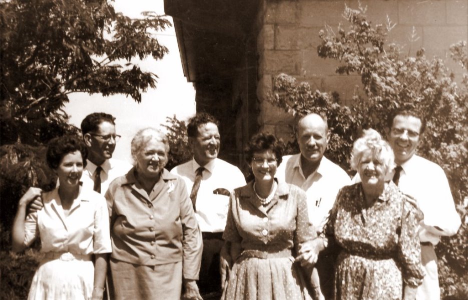 Clinton McKamey Barrick family gathering, August 1962:  Avis, Hilburn, Ruby, Clayton, Alice, L. D., Mrs. Barrick, Milton 