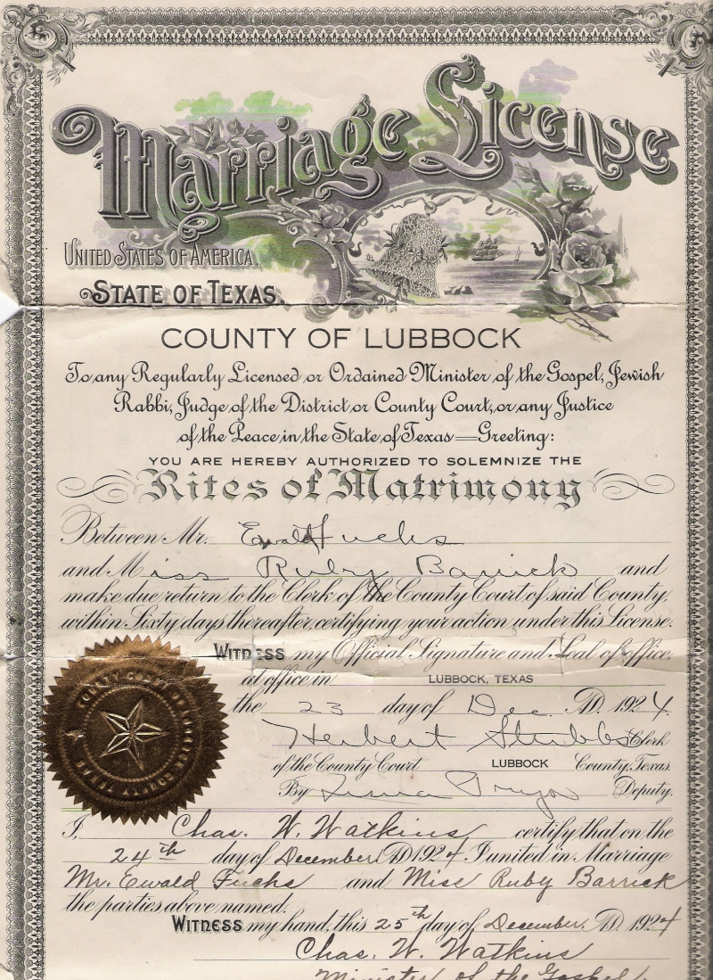 Ruby and Ewald's marriage license
